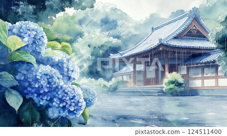 水彩風景畫，描繪了雨水浸透的初夏寺廟和潮濕、濕潤的藍紫色繡球花 124511400