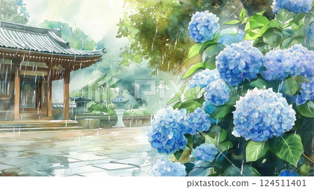水彩風景畫，描繪了雨水浸透的初夏寺廟和潮濕、濕潤的藍紫色繡球花 124511401
