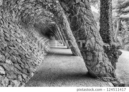 Colonnaded pathway in Park Guell, Barcelona, Catalonia, Spain Colonnaded pathway in Park Guell, Barcelona, Catalonia, Spain 124511417