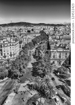 Aerial view of La Rambla pedestrian mall, Barcelona, Catalonia, Spain Aerial view of La Rambla pedestrian mall, Barcelona, Catalonia, Spain 124511423