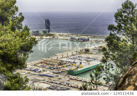 Aerial view over the Port of Barcelona, Catalonia, Spain 124511436