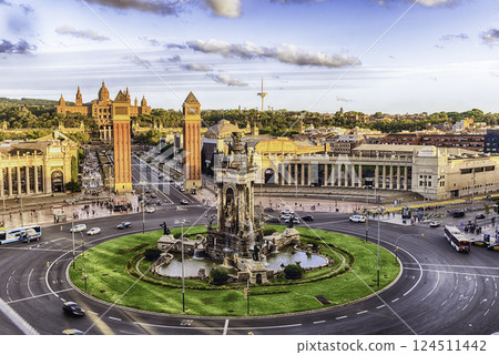 Aerial view of Placa d'Espanya, landmark in Barcelona, Catalonia, Spain 124511442