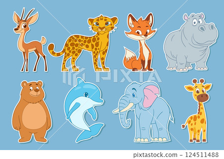Animated Stickers: A delightful collection of animal cartoon characters perfect for any occasion, featuring a diverse group of creatures. 124511488