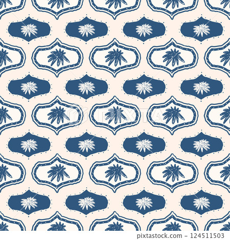 Flowers seamless pattern. Damask floral stencil allover background. Ogee daisy crayon drawn repeat cover. Surface pattern design spring motif. Vector hand drawn monochrome illustration 124511503