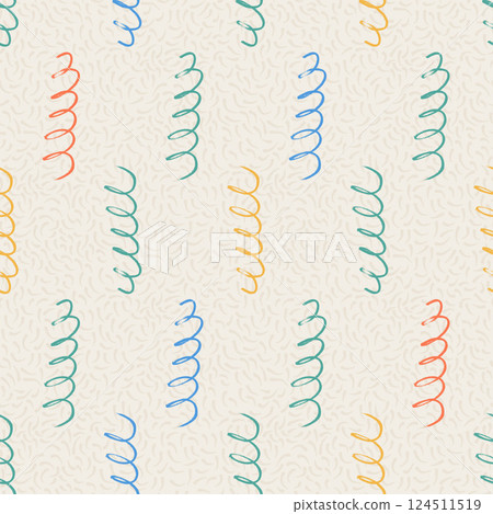 Squiggle wavy lines seamless pattern. Geometric bday party endless background. Fun confetti repeat cover. Surface pattern design festive motif. Vector hand drawn illustration 124511519