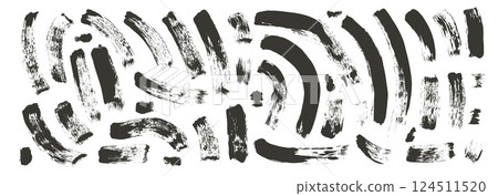 Brush stroke lines set. Hand drawn black ink vector long rectangle shapes. Paintbrush linear scribble elements set isolated on white background. Marker thick grunge curved strips 124511520