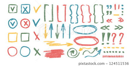 Check marks, arrow doodle set. Crayon underlines, quotation marks, brackets and signs. Scribble pencil emphasis note highlights. Vector hand drawn collection illustration isolated on white background Check marks, arrow doodle set. Crayon underlines, quotation marks, brackets and signs. Scribble pencil emphasis note highlights. Vector hand drawn collection illustration isolated on white background 124511536