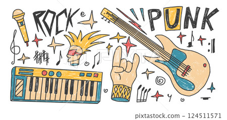 Rock n roll music crayon drawn set. Punk festival doodle. Scribble grunge music concert elements. Guitar, electronic piano horns, font and sketch graffiti art. Vector illustration Rock n roll music crayon drawn set. Punk festival doodle. Scribble grunge music concert elements. Guitar, electronic piano horns, font and sketch graffiti art. Vector illustration 124511571