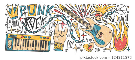 Rock n roll music party crayon drawn set. Punk festival doodle background. Scribble grunge music concert flyer elements. Guitar, electronic piano horns, crown sketch graffiti art. Vector illustration 124511573