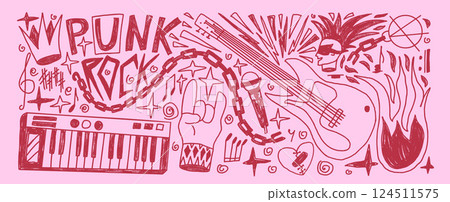 Rock and roll music coquette crayon drawn set. Punk festival doodle background. Scribble grunge music elements. Guitar, electronic piano horns, crown and sketch graffiti art. Vector illustration 124511575