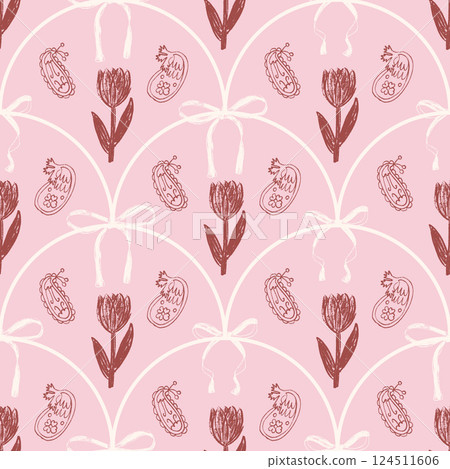 Coquette bow paisley seamless pattern. Scallop floral ornament endless background. Tulip flower with ribbon girly repeat cover. Vector pink continuous ornament. Surface pattern design paisley motif 124511606