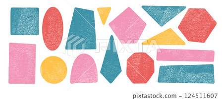 Pastel textured geometric shape set. Text boxes frames pack. Oval, circle and square figures. Vector hand drawn quotation octagon stickers shapes. Flat geometric textured figures illustration 124511607