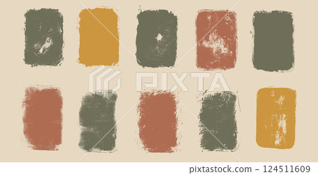 Rectangles callouts frames. Organic color grunge text boxes. Linocut rolling paint earth colours tag. Vector handmade brayer vector stamp smudged texture. Rough paint decorative japandi uneven border 124511609