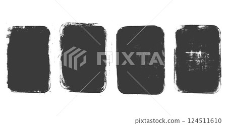 Charcoal grunge text boxes set. Callouts rectangles frames. Linocut rolled paint black tags. Vector handmade brayer stamp smudged texture. Rough paint decorative irregular border. 124511610