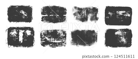 Urban wall grunge label stains set. Spray paint rectangles frame silhouettes. Linocut rolled paint black tag. Vector handmade brayer stamp rough texture. Dab decorative irregular border 124511611