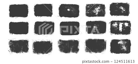 Quotation ink grunge set. Rectangle callout frames. Linocut rolled paint black text boxes tag. Vector handmade brayer stamp smudged texture. Rough paint decorative irregular border 124511613