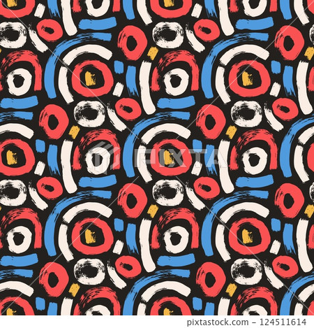 Circular lines brush seamless pattern. Paint stroke endless background. Abstract curved shapes textured repeat Surface pattern design geometric motif. Vector hand drawn flat illustration 124511614