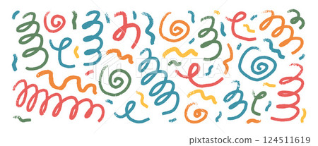 Colorful crayon drawn squiggles and spirals lines. Hand drawn kids party confetti. Brush stroke linear doodle elements set isolated on white background. Scribble party celebration decoration. Colorful crayon drawn squiggles and spirals lines. Hand drawn kids party confetti. Brush stroke linear doodle elements set isolated on white background. Scribble party celebration decoration. 124511619