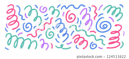 Colorful crayon carnival squiggles and spirals lines. Hand drawn kids party confetti. Brush stroke linear doodle elements set isolated on white background. Scribble party celebration decoration. Colorful crayon carnival squiggles and spirals lines. Hand drawn kids party confetti. Brush stroke linear doodle elements set isolated on white background. Scribble party celebration decoration. 124511622