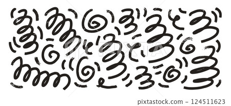 Charcoal scribble wavy shapes. Squiggle hand drawn confetti set. Vector black and white grunge crayon brush strokes lines collection. Curve and swirls vector doodle elements. Curly ink brush spirals Charcoal scribble wavy shapes. Squiggle hand drawn confetti set. Vector black and white grunge crayon brush strokes lines collection. Curve and swirls vector doodle elements. Curly ink brush spirals 124511623