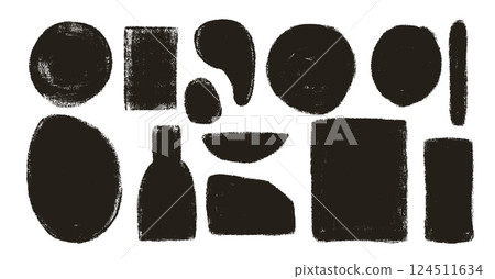 Geometric shapes linocut rough set. Circle, ellipse, rectangle text boxes. Abstract japandi vase decor. Vector geometry grafitti spray shapes. Hand drawn collection illustration on white background 124511634