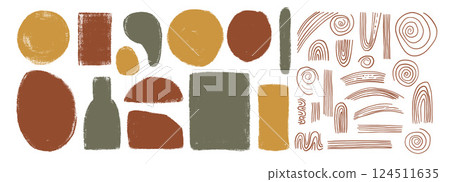 Crayon rough figures silhouette set. Circle, ellipse, and boho vase, arch. Abstract japandi decor. Vector geometry shapes zen aesthetic. Hand drawn organic elements illustration on white background 124511635