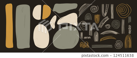 Crayon organic geometric figures silhouette set. Semicircle, rectangle chalk and boho arch. Abstract japandi decor. Vector irregular shapes zen aesthetic. Hand drawn illustration on dark background 124511638