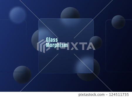 Website landing page template with glass morphism effect. Presentation carousel with glass overlay effect on floating gradient spheres. Frosted glass effect on dark background. 124511735