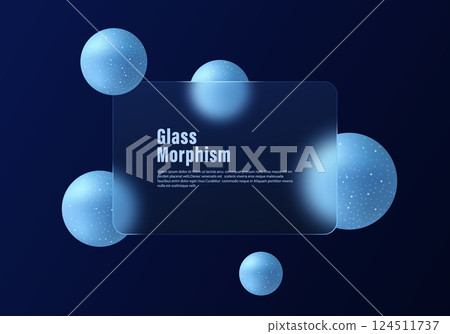 Dark blue background with transparent partition and floating spheres in glass morphism style. Website landing page template. 124511737