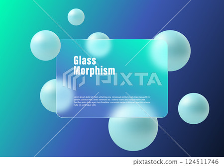 Website landing page template with glass morphism. Presentation screen with glass overlay effect on floating gradient spheres. Frosted glass effect on gradient background. Website landing page template with glass morphism. Presentation screen with glass overlay effect on floating gradient spheres. Frosted glass effect on gradient background. 124511746