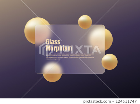 Vector image in the style of glass morphism. Gradient background with glass imitation panel and golden spheres. Vector image in the style of glass morphism. Gradient background with glass imitation panel and golden spheres. 124511747