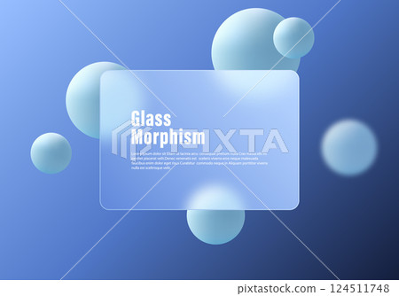 Trendy website landing page template in glass morphism style. Imitation of transparent glass panel with the effect of superimposition on volumetric gradient spheres. 124511748