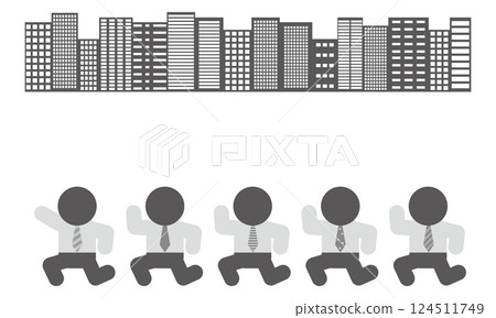 Monochrome businessman pictogram running in front of an office building 124511749