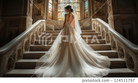 Bride in wedding dress climbing the steps of the chapel 124511797