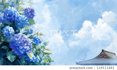 夏日藍天與寺廟為背景，盛開著美麗的繡球花 124511891