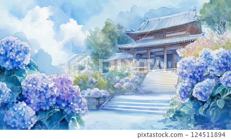 夏日藍天與寺廟為背景，盛開著美麗的繡球花 124511894