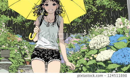 穿著休閒服、帶繡球花的年輕女子 124511898