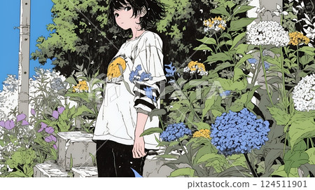 穿著休閒服、帶繡球花的年輕女子 124511901