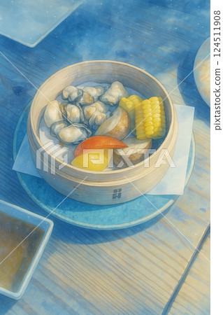 陽光透過樹叢灑進餐桌，人們在餐桌上享用色澤鮮豔的熱氣騰騰的菜餚和當季的豐盛食物 124511908