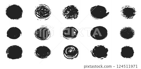Scribble textured brush stroke ink or paint round splatter. Abstract grunge stain enso border, frame, hand drawn textured punk style asian design element 124511971