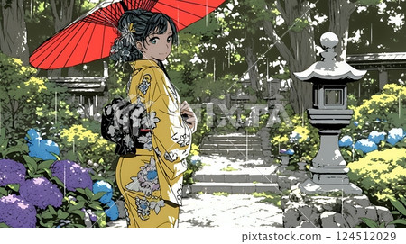 A young woman in a kimono walking along a hydrangea path 124512029