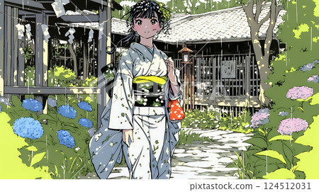 A young woman in a kimono walking along a hydrangea path 124512031