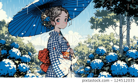 身著和服的年輕女子沿著繡球花小徑行走 身著和服的年輕女子沿著繡球花小徑行走 124512035