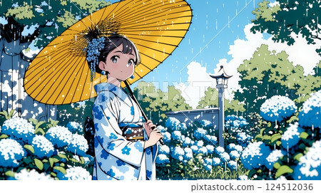 身著和服的年輕女子沿著繡球花小徑行走 身著和服的年輕女子沿著繡球花小徑行走 124512036