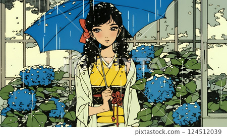A young woman in a kimono walking along a hydrangea path 124512039