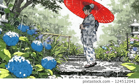 身著和服的年輕女子沿著繡球花小徑行走 124512041