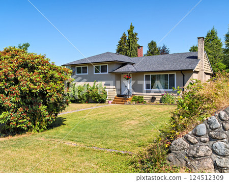 A perfect neighborhood. Neat residential house with flowers mowed front yard lawn A perfect neighborhood. Neat residential house with flowers mowed front yard lawn 124512309