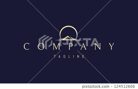 Vector golden logo with an abstract image of a mountain against the backdrop of a rising sun. Vector golden logo with an abstract image of a mountain against the backdrop of a rising sun. 124512608
