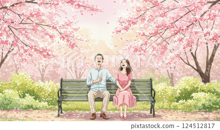一對恩愛的情侶坐在盛開的櫻花樹下的長椅上 124512817