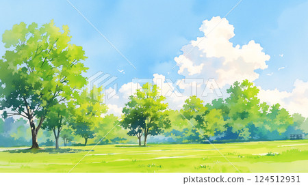 Watercolor background depicting a landscape of a green park and refreshing morning light 124512931